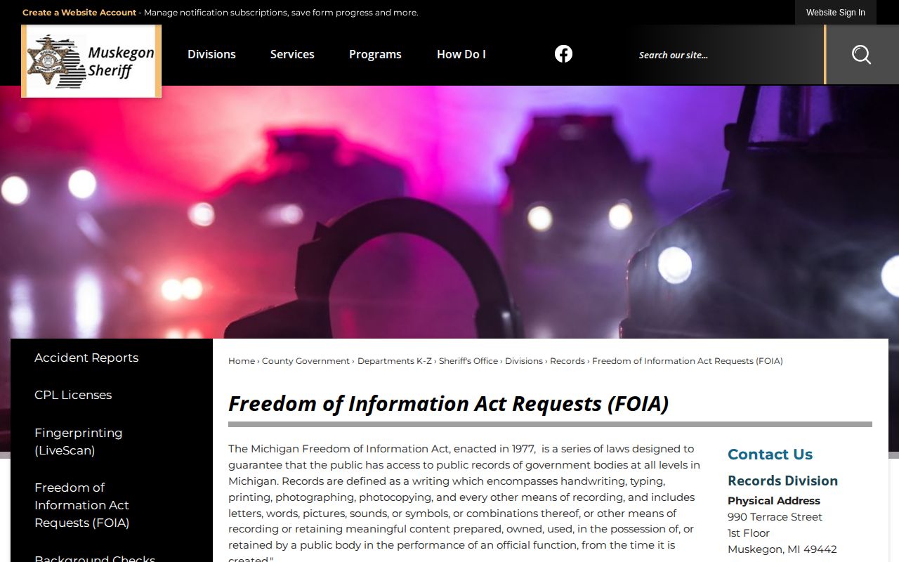Muskegon County official arrest records and FOIA request page