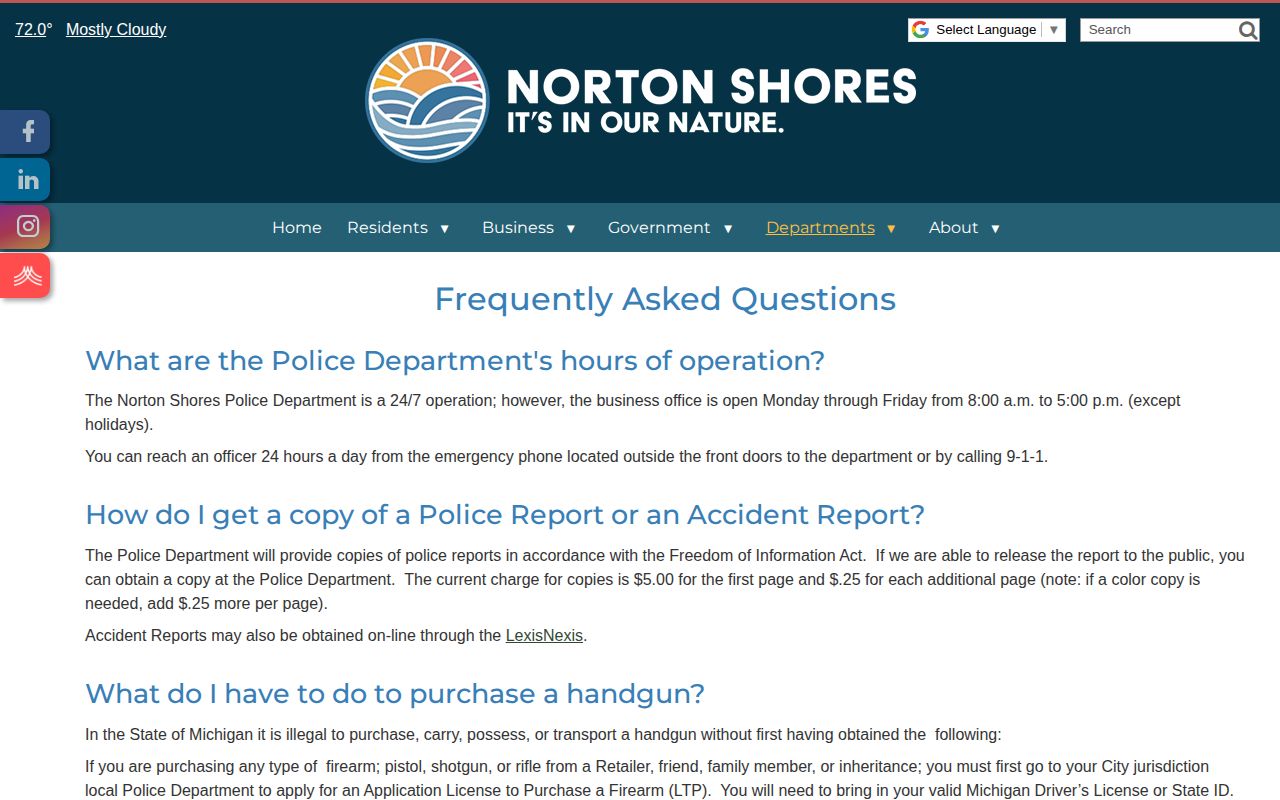 Norton Shores Police FAQ page showing records copy fee guidance