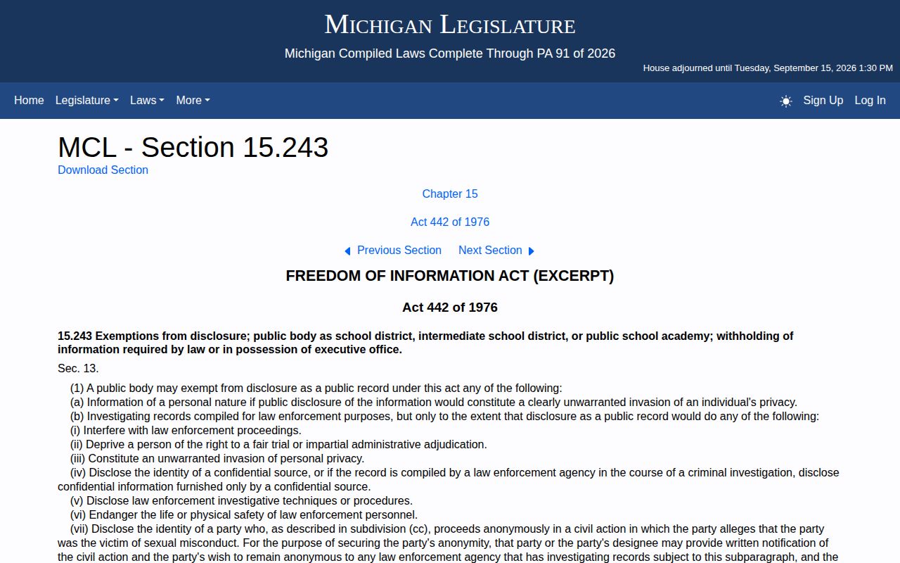Michigan law page for Muskegon County booking photo disclosure questions